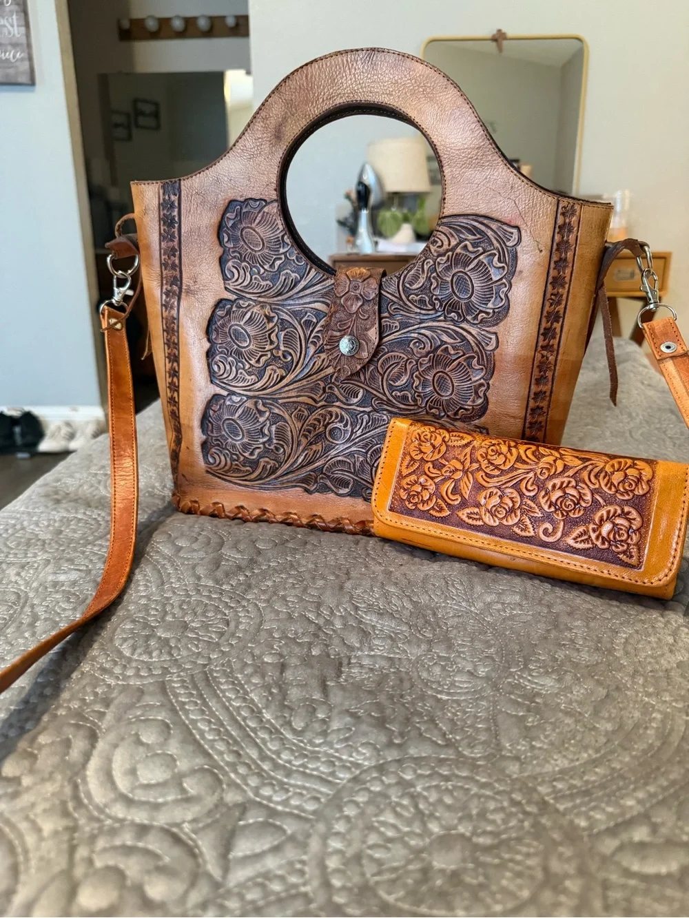 Hand-Tooled Floral Leather Satchel in Tan with Matching Wallet